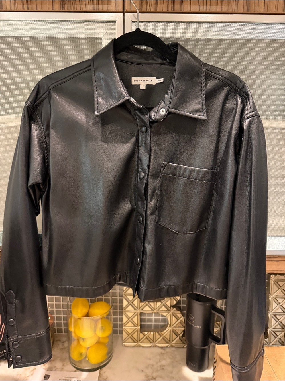 Good American Black Faux Leather Crop Button-Front Shirt Jacket, Size 1
